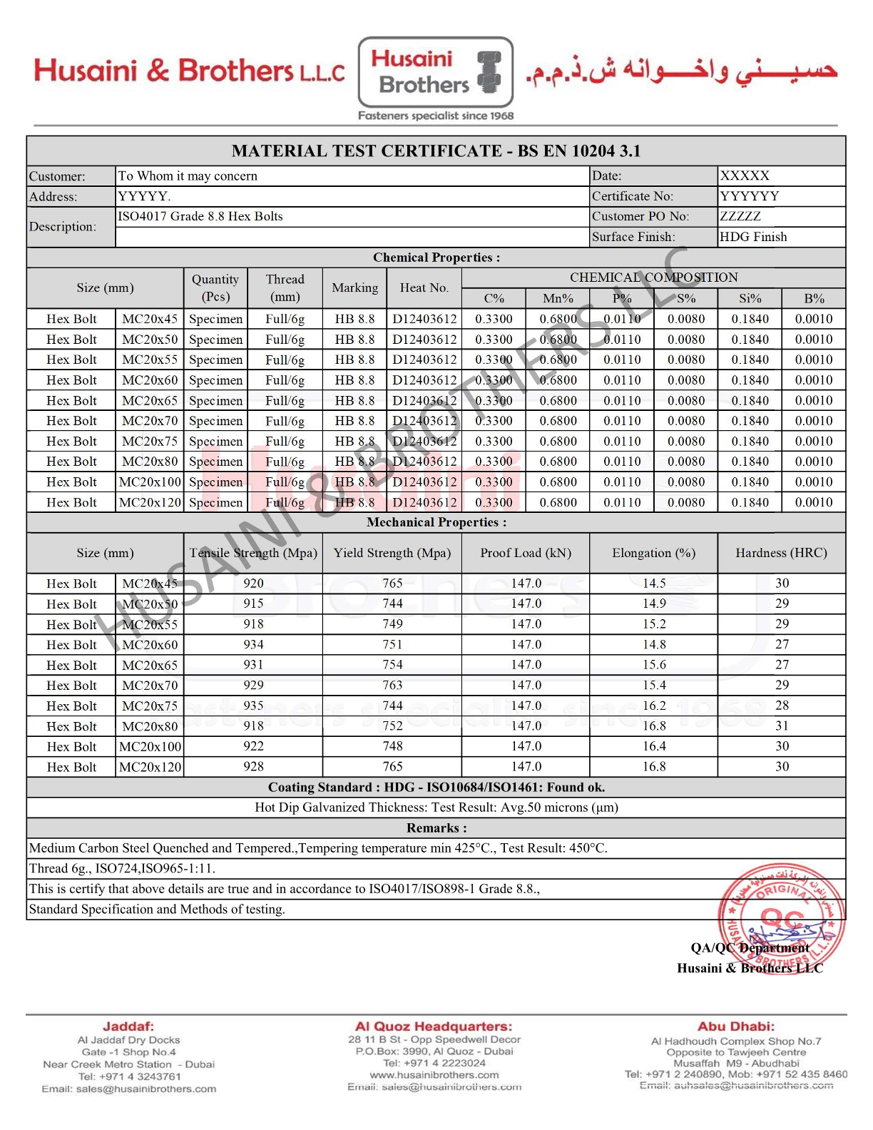 HDG ISO4017-8.8 Bolt M20 MTC