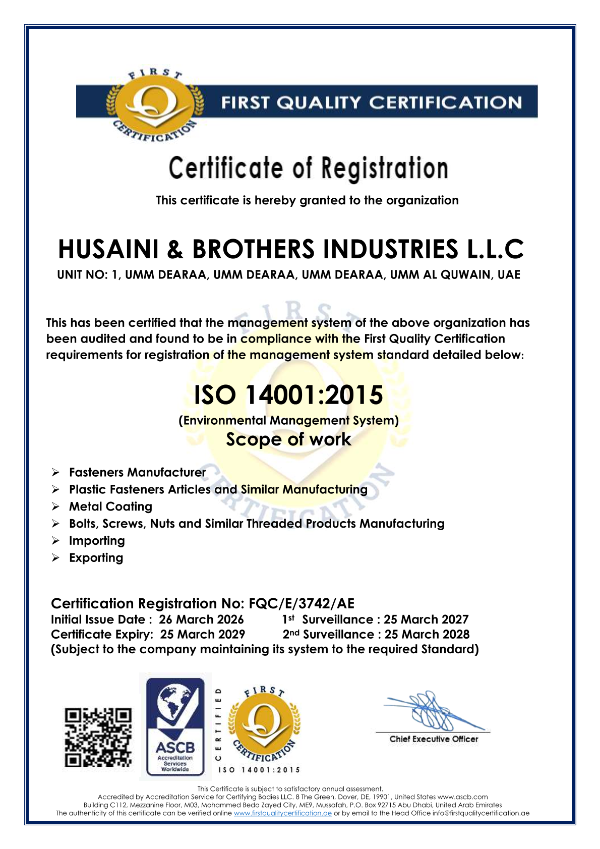 HUSAINI & BROTHERS INDUSTRIES L.L.C-FQC-E-3742-AE