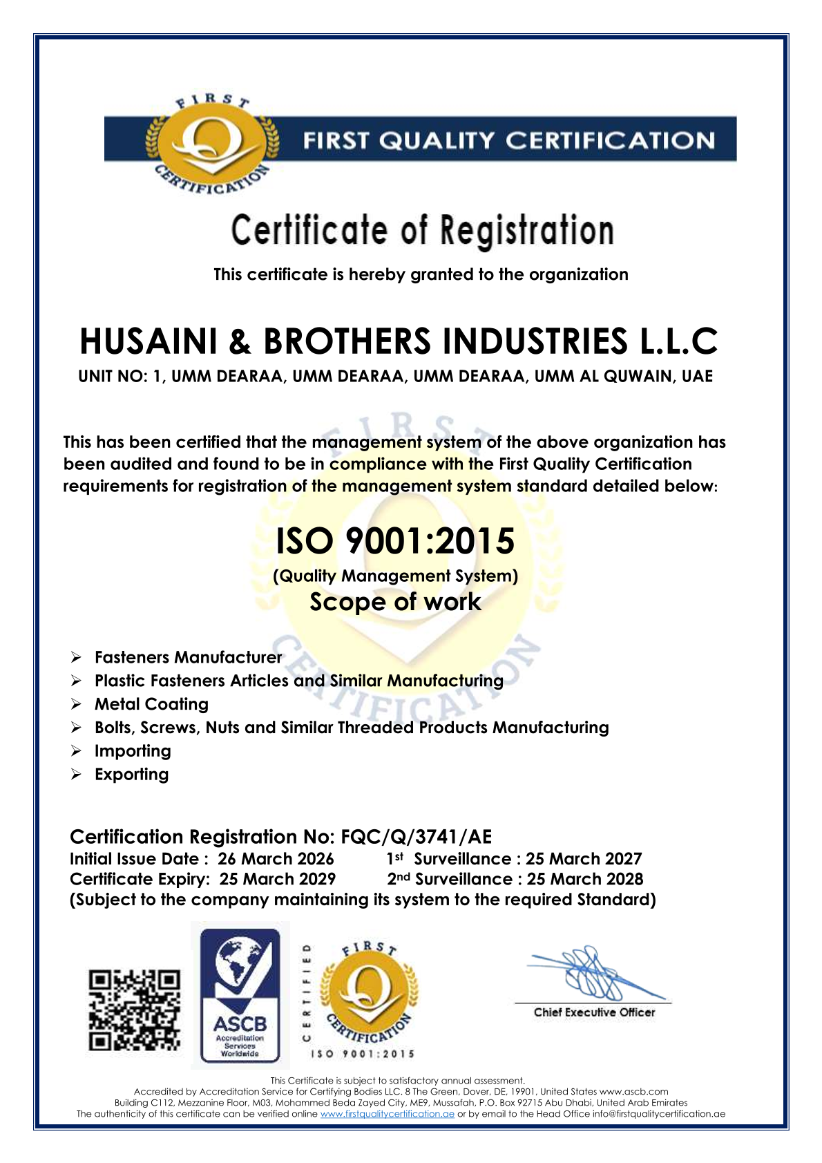 HUSAINI & BROTHERS INDUSTRIES L.L.C-FQC-Q-3741-AE