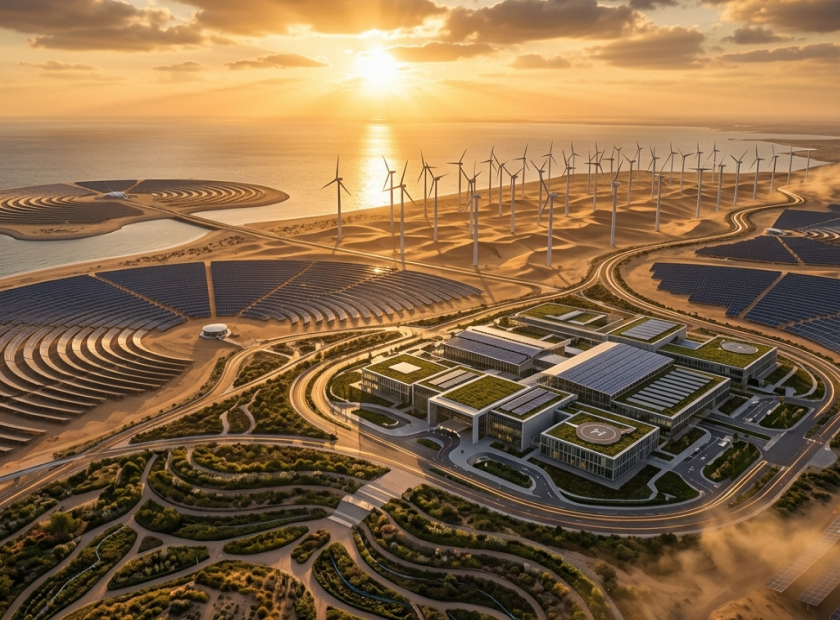 Aerial view of a solar and wind energy facility in Iraq