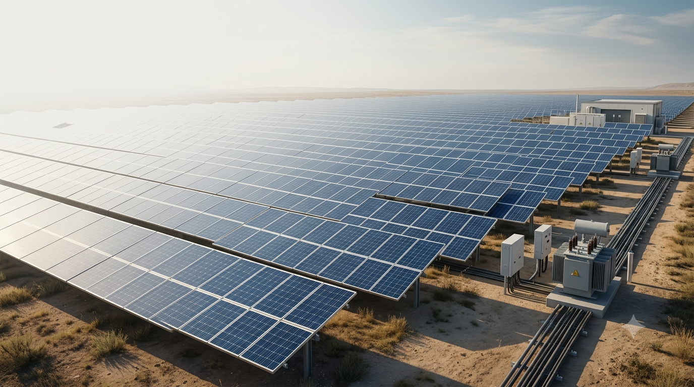Utility-scale solar photovoltaic array under an open sky